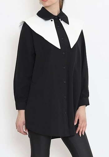 Geniş yaka poplin gömlek siyah - Görsel 3