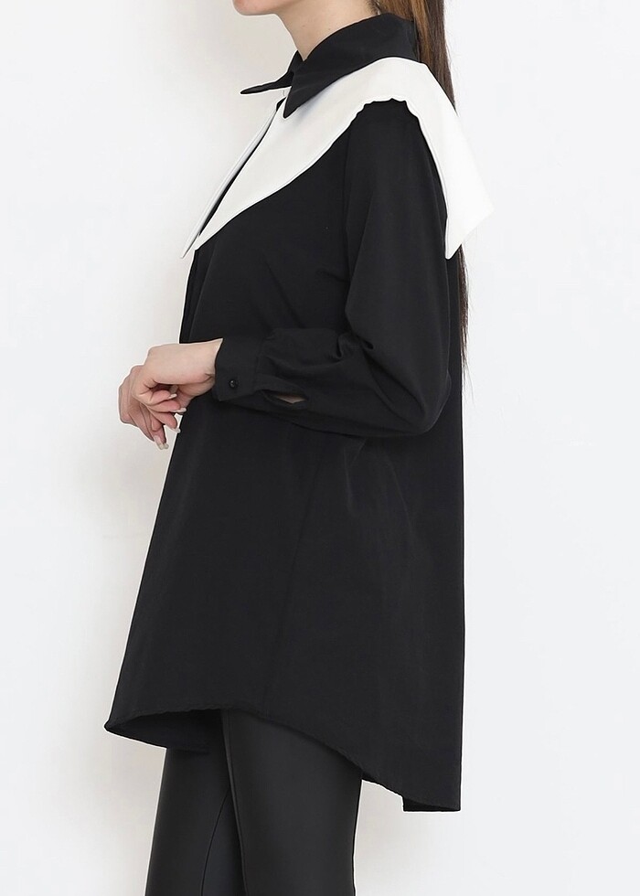 Geniş yaka poplin gömlek siyah - Görsel 2