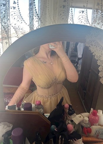 Bej Transparan Uzun Straplez Nişan Elbisesi - Görsel 6