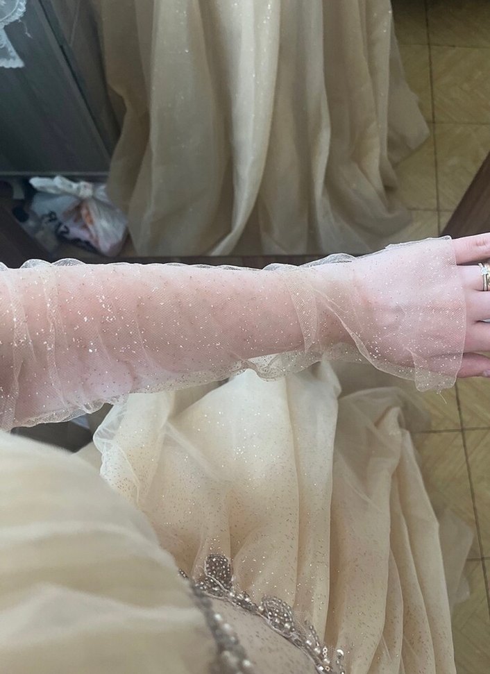 Bej Transparan Uzun Straplez Nişan Elbisesi - Görsel 5