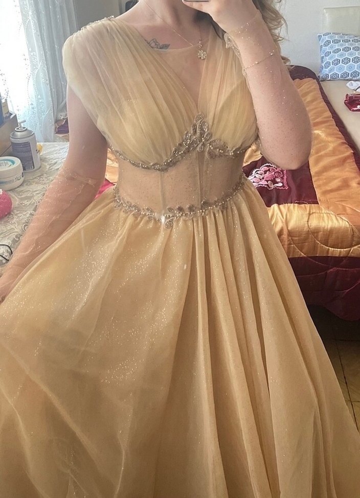 Bej Transparan Uzun Straplez Nişan Elbisesi - Görsel 4