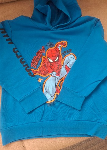 Mavi Kapüşonlu Örümcek Adam Baskılı Erkek Sweatshirt - Görsel 3