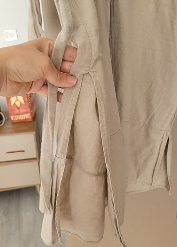 m Beden Bej Düğmeli Uzun Keten Elbise