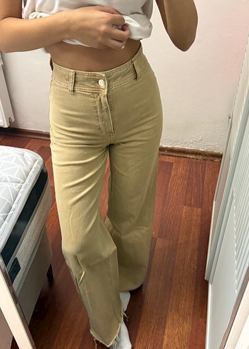 32 Beden Bej Düğmeli Kadın Midi Boy Geniş Kesim Jean
