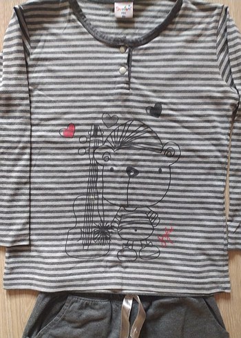 Gri Uzun Kollu kız çocuk Pijama Takımı - Görsel 2