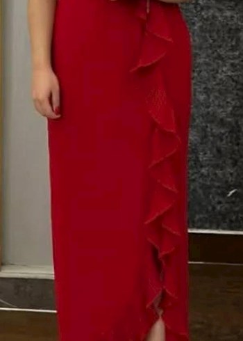 Kırmızı Fırfırlı V Yaka Uzun Elbise - Görsel 2