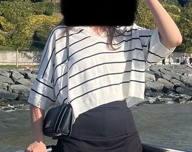 Çizgili polo yaka oversize triko örme tişört
