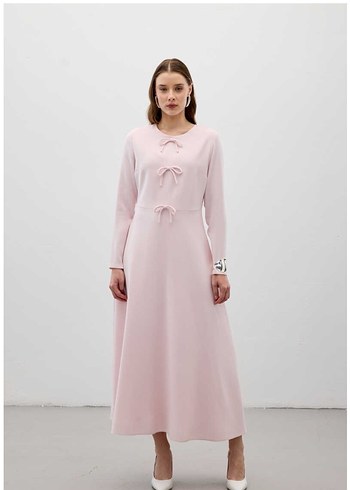 Pembe Midi Kadın Elbise Uzun Kollu - Görsel 2