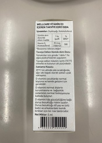 Wellcare Vitamin D3 Sprey 5 ml - Görsel 2