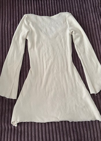 V Yaka Beyaz Mini Triko Elbise - Görsel 2