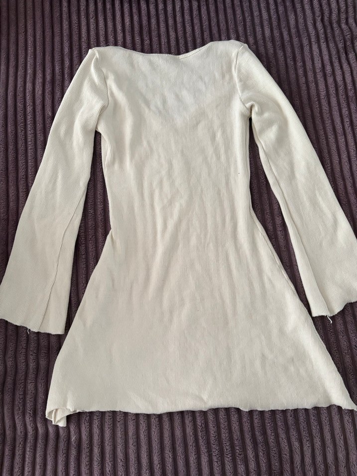 V Yaka Beyaz Mini Triko Elbise - Görsel 2