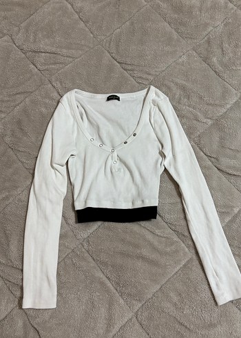 Uzun Kollu V Yaka Beyaz Crop Top - Görsel 2