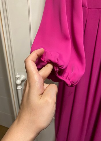 44 Beden Uzun Kollu Pembe Drapeli Uzun Elbise