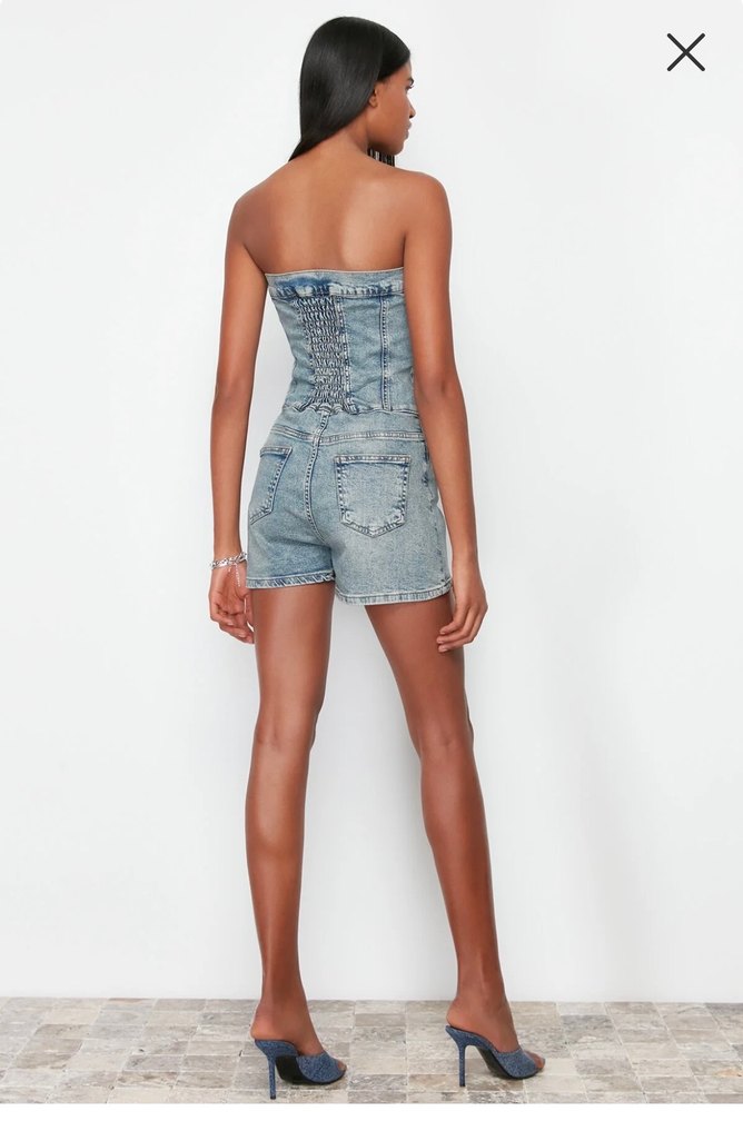 Trendyol milla mavi dikiş detaylı denim kadın tulum - Görsel 5