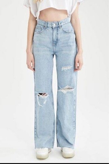 Defacto Defacto straight wide yırtık detaylı yüksek bel jeans pantolon