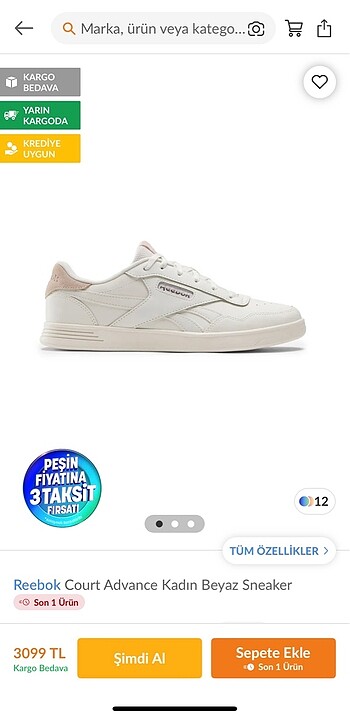 Reebok court advance kadın beyaz sneaker