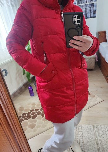 kırmızı koyu kırmızı Kapüşonlu Kadın Midi Kışlık Mont - Görsel 5