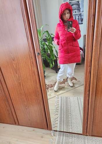 kırmızı koyu kırmızı Kapüşonlu Kadın Midi Kışlık Mont - Görsel 3