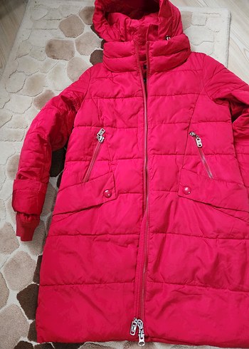 kırmızı koyu kırmızı Kapüşonlu Kadın Midi Kışlık Mont - Görsel 8