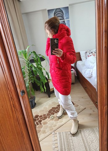 kırmızı koyu kırmızı Kapüşonlu Kadın Midi Kışlık Mont - Görsel 17