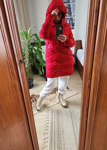 kırmızı koyu kırmızı Kapüşonlu Kadın Midi Kışlık Mont - Görsel 2