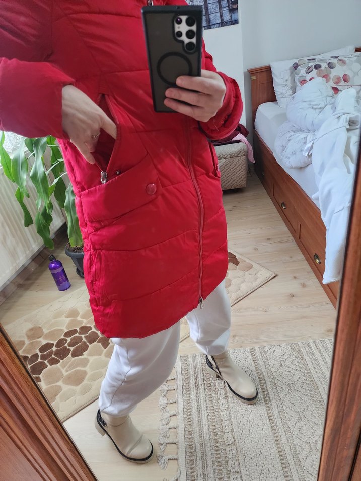 kırmızı koyu kırmızı Kapüşonlu Kadın Midi Kışlık Mont - Görsel 4