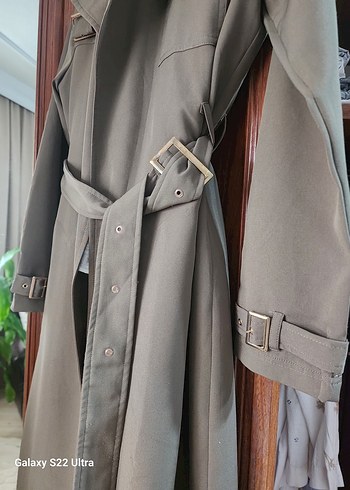 Kemerli Uzun koyu haki j Kadın Trençkot - Görsel 3