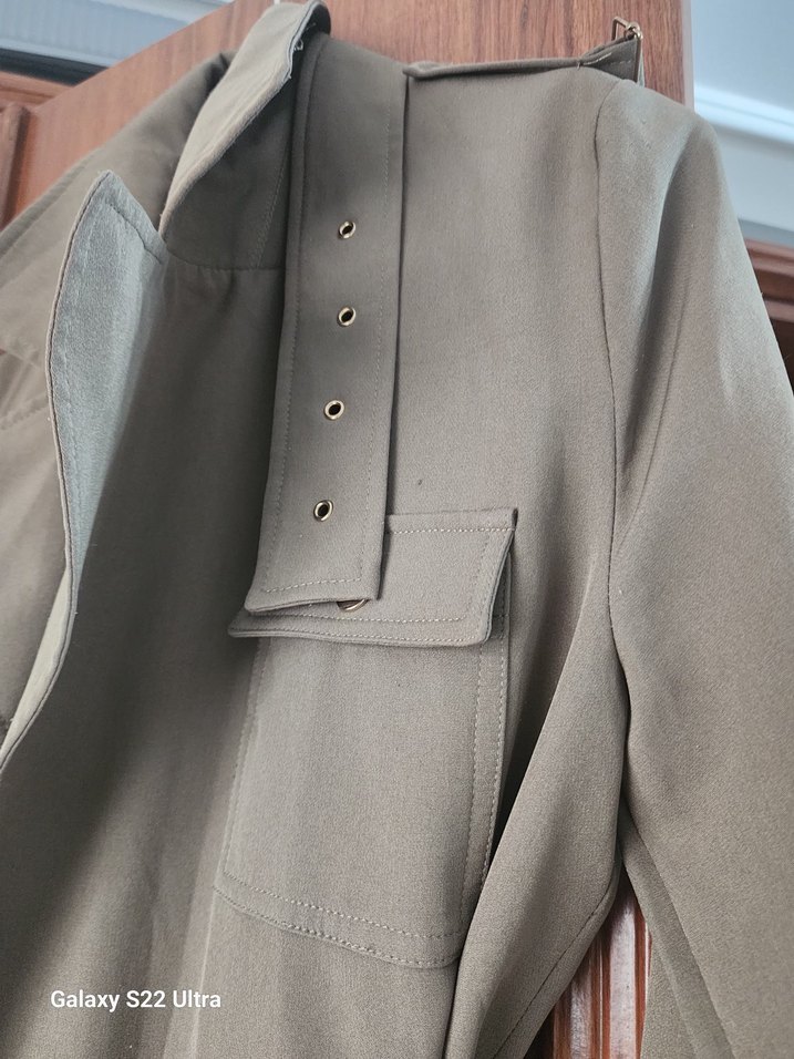 Kemerli Uzun koyu haki j Kadın Trençkot - Görsel 4