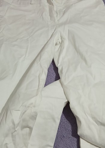 Beyaz Keten Midi Kadın Pantolon - Görsel 4