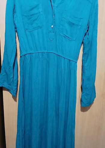 Uzun koyu yeşil Düğmeli Kadın Elbise - Görsel 12