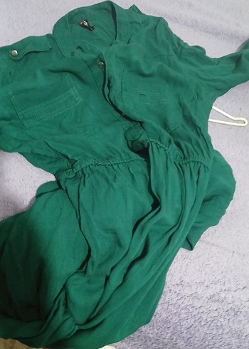 Uzun koyu yeşil Düğmeli Kadın Elbise - Görsel 13