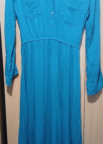 Uzun koyu yeşil Düğmeli Kadın Elbise - Görsel 9