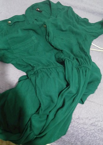 Uzun koyu yeşil Düğmeli Kadın Elbise - Görsel 15