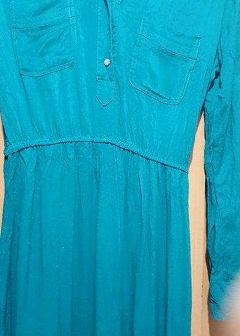 Uzun koyu yeşil Düğmeli Kadın Elbise - Görsel 3