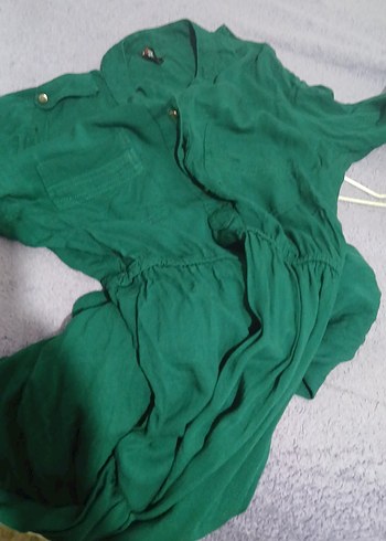 Uzun koyu yeşil Düğmeli Kadın Elbise - Görsel 14