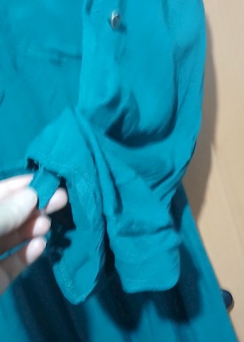 Uzun koyu yeşil Düğmeli Kadın Elbise - Görsel 8