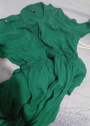 Uzun koyu yeşil Düğmeli Kadın Elbise - Görsel 16