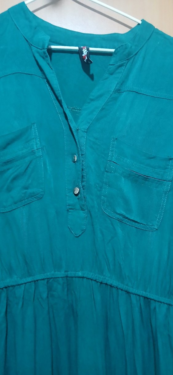 Uzun koyu yeşil Düğmeli Kadın Elbise - Görsel 4