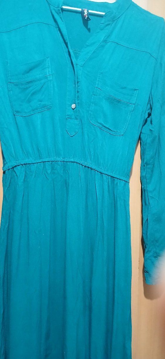 Uzun koyu yeşil Düğmeli Kadın Elbise - Görsel 3