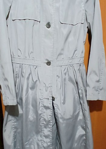 Düğmeli Gri Uzun Kadın Trençkot - Görsel 3