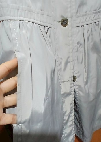 Düğmeli Gri Uzun Kadın Trençkot - Görsel 4