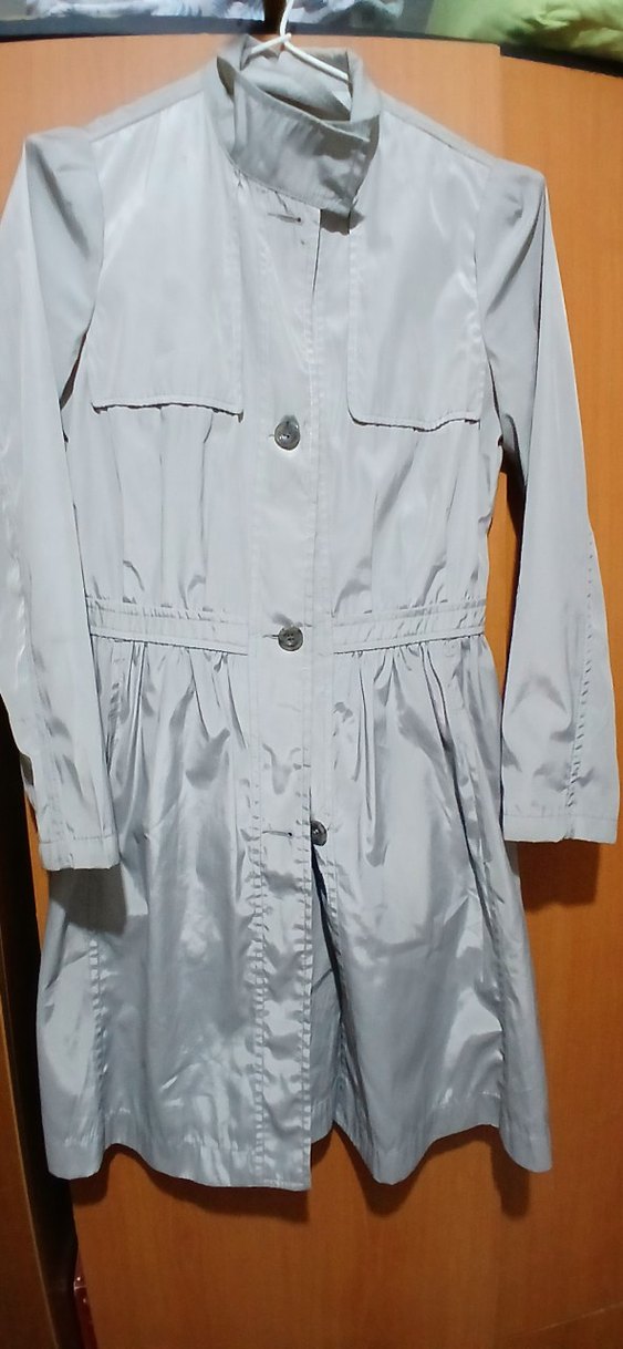 Düğmeli Gri Uzun Kadın Trençkot - Görsel 2