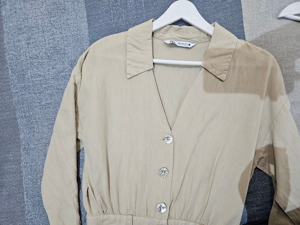 Bej Uzun Keten Kadın Tulum - Görsel 3