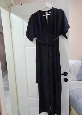 Kadın Siyah Uzun Kemerli V Yaka Tulum - Görsel 2