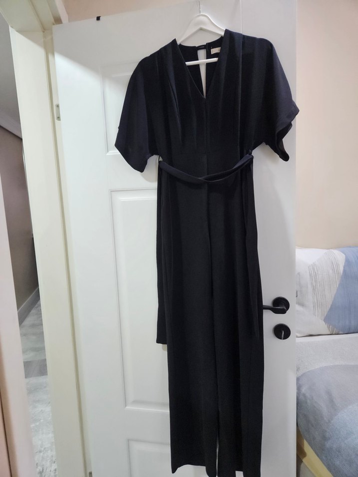 Kadın Siyah Uzun Kemerli V Yaka Tulum - Görsel 2