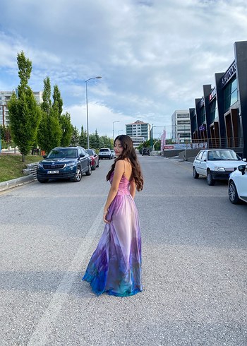 Abiye Mor Drapeli Uzun Straplez Elbise