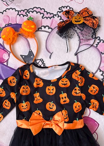 6 Yaş Beden Heloween bal kabakli Desenli Gotik Elbise