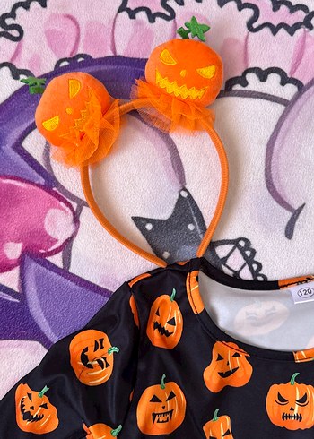 6 Yaş Beden siyah Renk Heloween bal kabakli Desenli Gotik Elbise