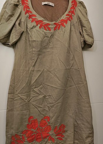 Nakışlı Bej Keten Bohem Hamile Tunik - Görsel 2