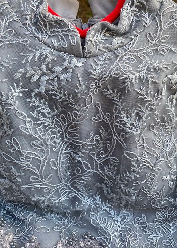 Uzun Kollu Gri Dantel Vintage Elbise - Görsel 7